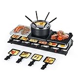 Saenchue 3-in-1 Raclette-Grill & Fondue - Fonduelette XL, 1650 Watt: Metall, Naturstein, Crêpesplatte, 3 Separate Edelstahl-Heizelemente, bis 12 Personen, Antihaftbeschichtung, Schwarz, FD-12