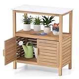 COSTWAY Pflanztisch mit Unterschrank, Gartenschrank Holz, Terrassenschrank mit Arbeitsplatte, Ablagefach & Schrank, Outdoor Aufbewahrungsschrank für Garten, Terrasse, Balkon, 80 x 40 x 90,5 cm