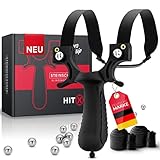 HITX® Zwille Steinschleuder Profi für Jagd | Super Grip Oberfläche | Slingshot Schleuder mit Gummiband Extra Stark | Einfache Clip-Anbindung | Bundle Set mit Ersatzgummi + 100 Stahlkugeln