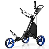 LIFEZEAL Faltbar Golftrolley, 3 Rad Golf Push Cart mit Fußbremse, Golfwagen mit 3 höhenverstellbare Positionen, Golfcaddy klappbar mit Schirmhalter, Flaschenhalter & Tasche (Blau)