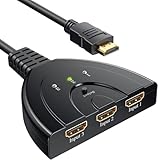 HDMI Switch, 4K HDMI Splitter 3 in 1 Out, 3-Port HDMI Selector Switcher mit Integriertem HDMI Kabel, Unterstützt Ultra HD 4K, 1080P, 3D Video, HDMI Hub Kompatibel mit Fire Stick, Smart TV