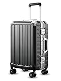 LUGGEX Handgepäck Koffer ohne Reißverschluss Hartschalenkoffer Aluminiumrahmen Reisekoffer mit Rollen Koffer Trolley Klein (Schwarz, 55cm, 36L) Metal Corner