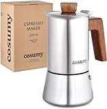 Cosumy Espressokocher Induktion für alle Herdarten geeignet - Mokkakanne Edelstahl 4 Tassen und FSC Eichenholz - Extra Silikondichtung - 200ml Silber
