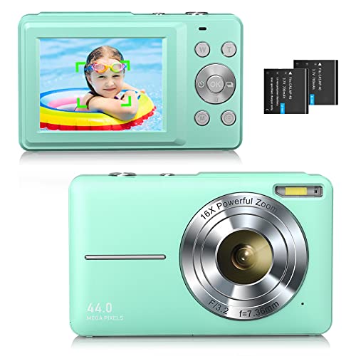 CAMKORY Digitalkamera mit Autofokus Fotokamera FHD 1080P 44MP Fotoapparat 16×Digitalzoom Verwacklungsschutz Einfache Bedienung mit 2 Akku für Kinder Jugendliche Anfänger Mädchen Jungen Grün