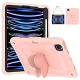 SLLMYYX Schutzhülle für iPad Pro 11 (M4) 2024 mit Schmetterlingsständer, stoßfeste Schutzhülle mit Schultergurt, für Kinder, Mädchen, Rosa