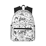 JEJEA Monochromer Rucksack im Skizzen-Stil, Gaming-Druck, klassischer Reiserucksack, Laptoprucksack, Büchertasche für College, Arbeit, Reisen, Schwarz , One size