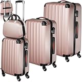 tectake 4-teilige Reisekoffer - Kofferset mit abnehmbaren Rollen 360°, robuste Hartschalenkoffer mit TSA Zahlenschloss, Koffer groß und ineinander stapelbar, Trolley Handgepäck - roségold