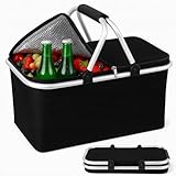Faltbarer Picknickkorb, 30L Isolierte Kühltasche mit Griff, wasserdicht, schwarz, 47 x 27 x 22 cm