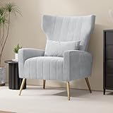 Hawthyhome Relaxsessel Fernsehsessel Ohrensessel mit Kopfkissen und Gold Metallfüßen Einzelsofa aus Samt bis 130kg Schlafzimmer/Wohnzimmer/Lounge Grau
