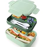 Bento Box Lunchbox für Erwachsene, 2000 ml, doppellagige Lunchbox, Behälter für Erwachsene mit 4 + 4 Fächern, Bento-Lunchbox für Kinder mit Utensilien, auslaufsicher,