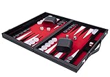 Engelhart - Luxus Backgammon 38 cm - hochwertige Materialien - Kunstleder, spezielle Filzeinlage - Perlmuttwürfel und Token + 2 Bechern - Profi- und Freizeit (Rot)