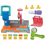 Play-Doh Werkbank Spielset, 5 x 56 g Dosen Modelliermasse in bunten Farben, mit Kreissäge-Spielzeug, Werkzeug und Stempel, kreatives für Kinder ab 3 Jahren