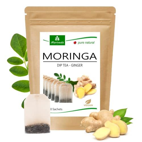 MoriVeda® - Moringa Tee 100 % natürlich & vegan (wahlweise Moringa-Blattmischung, Apfel-Zimt, Granatapfel, Ingwer, Minze). Qualitätsprodukt (20 Beutel Moringa Ingwer)