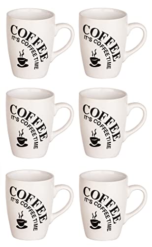 BigDean 6er Set Kaffeetassen mit Henkel 300ml - it’s coffee time Aufdruck - Keramik Kaffeebecher Tassen für Kaffee, Cappuccino & Latte Macchiato - creme-weiß