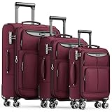 SHOWKOO Kofferset 3 Teilig Stoffkoffer Weichschale Erweiterbar Reisekoffer Leicht Haltbar Trolley Handgepäck Sets mit TSA Schloss und 4 Rollen (M L XL -Rot)