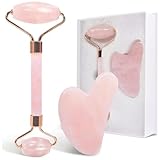 Jade Roller und Gua Sha Set, Rosenquarz Roller mit Guasha Stein, Gesichtsroller für Frauen, Massagewerkzeug für Gesicht, Hals und Körpermuskulatur Entspannen, Rosa