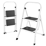 HBTower Trittleiter 2 Stufen klappbar, Faltbare Leiter aus Stahllegierung, rutschfeste Pedale, nur 4,5 cm dünn gefaltet, 150 kg belastbar, kein Aufbau nötig – für Küche, Garage & Büro