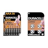 Duracell Plus AAA Micro Alkaline-Batterien, 1.5V LR03 MN2400, 36er-Pack [Amazon exklusiv] & Specialty 2032 Lithium-Knopfzelle 3 V, 4er-Packung, mit Kindersichere Technologie (CR2032 /DL2032)