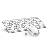 Kabellose Tastatur Maus Set, 2,4G Kleine Ultradünne Funktastatur und Maus mit USB Empfänger für PC, Laptop, Desktop, Kompakte Tastatur mit QWERTZ Layout, Weiß und Silber