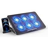 Laptop Kühler, 6 Leise Fans Gaming Laptop Cooler Kühlpads, 5 Höhenverstellbar & Handyständer, 2 USB Ports & Einstellbarer Geschwindigkeit, Laptop Lüfter for Notebook Under 17 Zoll, Stabil und Leise