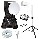 netshop 25 Camping SAT Koffer Schüssel mit HD Single LNB und 10m Kabel + Digital SAT-Finder + Dreibein Stativ bis 100cm (Mobile Sat Anlage 1 Teilnehmer) Set