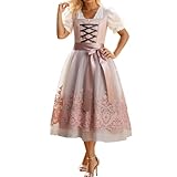 Tinarying Dirndl Midi Damen Trachtenkleid Dirndlkleid mit Spitze Trachtenmode Kleider inkl. Dirndlschürze Dirndlbluse für Oktoberfest Besondere Anlässe Halloween Oktoberfest Kostüm (Rose Gold-l, S)
