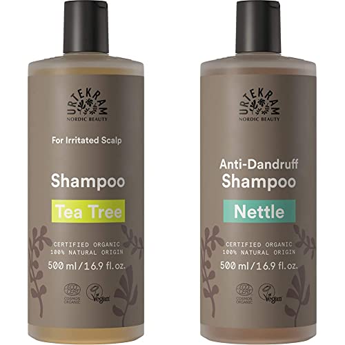 Urtekram Teebaum Shampoo Bio, gereizte Kopfhaut, 500 ml & Brennnessel Shampoo Bio, Antischuppen, 500 ml