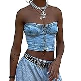 FeMereina Damen Button Down Denim Bustier Crop Top Trägerlos Jeans Korsett Top Backles Push Up Korsett Tank Tops Vintage Harajuku Streetwear, a, S