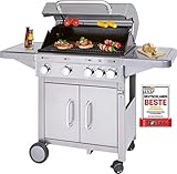 ProfiCook PC-GG 1181 Gasgrill mit 4 Edelstahl-Brenner und zusätzlicher Kochplatte, Camping, Outdoor, BBQ, Ablage klappbar, Individuelle Temperatursteuerung, Silber, 3,1 kW
