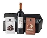 Wein-Geschenkset'Dunkle Verführung Classic' | 1 Flasche spanischer Rotwein, karamellisierte Marcona-Mandel und Macadamianuss mit weißer Schokolade