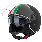 VINZ Varese Jethelm mit Doppelvisier | Roller Helm Fashionhelm mit Italienische Flagge | In Gr. XS-XXL | Jet Helm mit Sonnenblende | ECE 22.06 Zertifiziert | Motorradhelm mit Visier - Matt Schwarz