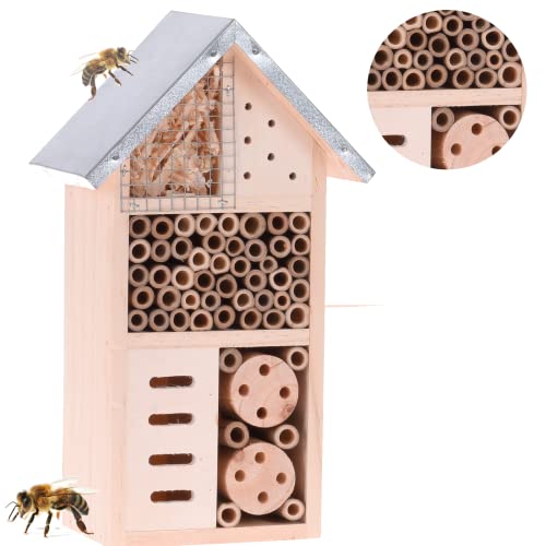 Smart Planet Stabiles Insektenhotel Naturbelassenes Bienenhotel aus Holz - wetterfestes Insekten Hotel mit Metalldach 15x9x26cm - für Garten und Hof