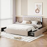 Bett 140 x 200 cm mit Lattenrost LED und USB, gepolstertes Doppelbett mit 4 Schubladen, Doppelbett mit großem Stauraum, Schubladenbett für Erwachsene und Jugendliche (Beige-C, 140 x 200 cm)