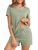 Becotal Schlafanzug Damen Kurz Sommer Pyjama Set Gerippt V-Ausschnitt Zweiteiler Kurzarm Loungewear Top und Short mit Rüschen, Hellgrün, M