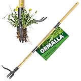 Ormalla Unkrautstecher, 1.1m Langem Stiel, Löwenzahn Entferner, Natürlicher Bambusgriff und 4 Metallkrallen, Aufrecht Stehender Unkrautentferner mit Gartenhandschuhen Geschenk, Haustierfreundlich
