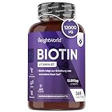 Biotin Tabletten - 12.000μg reines Biotin für Haare, Haut und Bartwuchs - 1 Jahr Vorrat mit 365 vegane Tablets - Vitamin B7 - Geprüftes D-Biotin (Vitamin H) für Frauen und Männer - Von WeightWorld