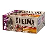 Shelma Katzen-Nassfutter Fleisch Megapack mit den Sorten Rind, Truthahn, Huhn und Ente – Getreidefreies Alleinfuttermittel mit hohem Fleischanteil – 40 x 85 g (3,4 kg)