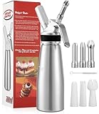 500ml Sahnespender, Sahnespender aus Aluminium, Sahnesyphon mit 3 Edelstahl Deko Düsen, 3 Kunststoffe Deko Düsen, 1 Kapselhalter, 1 Reinigungbürste und 1 Synopsis, für Schlagsahne, Creme, Mousse