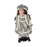 Keyhomestore -Puppe aus Porzellan 46 cm mit grau-weißem Blumen-Kleid, liebevolle Gesichtsdetails, Standfuß inklusive – elegante Heimdekoration, Geschenkidee und Sammlerstück