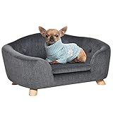 PawHut Haustiersofa Hundematte Hundebett Hundesofa Hundecouch Katzen Sofa mit Kissen Rückentasche Plüsch Schaumstoff Kiefernholz Dunkelgrau 70 x 47 x 30 cm