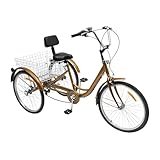 pochcicou Dreirad für Erwachsene, 24 Zoll 6 Gang 3-Rad Fahrrad mit Korb und Reflektierende Streifen, Verstellbarer Lenker, für Verstellbarer Lenker, Gold