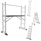 Fiqops Gerüst, 4-in-1 Alu Gerüst max 276cm,Bis zu 150 kg belastbar,vielseitiges Baugerüst, fahrbare Arbeitsbühne und 2 Rollen,Gerüstleiter,Rollgerüst,2x6 Sprossen,Silber