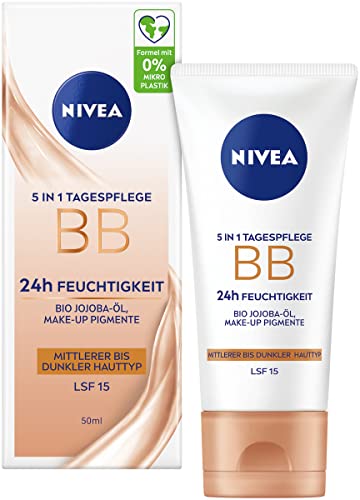NIVEA 5 IN 1 Tagespflege BB 24h Feuchtigkeit LSF 15, getönte Tagescreme für mittlere bis dunkle Hauttypen, Gesichtscreme mit Bio Jojoba-Öl und Make-Up Pigmenten