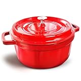 HOUSLUX Gusseisen Topf 26CM 5.1L Bräter emaille Schmortopf mit Deckel Schmortopf Schmortopf mit Deckel Induktion für Küche Backen Schmoren Braten (Rötlich, 26CM)