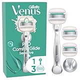 Gillette Venus Pro ComfortGlide Sensitive Damenrasierer mit einem Hauch von Aloe Vera, 3 Ersatzklingen, langlebiges Metallhandstück und Duschhalterung