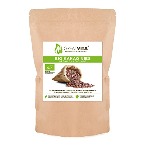 GreatVita Bio Kakaonibs, 800g, rohe Kakaonibs ideal als Topping, Naturprodukt ohne Zusätze