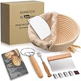 Jeensley Gärkörbchen Sauerteig Starterset Box verpackter runder Sauerteigbrot-Gärkorb mit Broschüre, Liner und Brotbackwerkzeugen, handgefertigt aus hochwertigem, natürlichem indonesischem Rattan