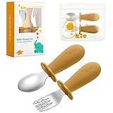 Qkie Kinderbesteck Baby Besteckset Mit Aufbewahrungstasche Edelstahl Baby Löffel Und Baby Gabel Mit Silikon Griffe Für Baby Kleinkind Esslernbesteck, BPA-Frei, 10 Monate+