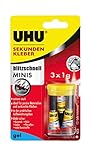 UHU Sekundenkleber blitzschnell Minis gel, 3x original versiegelte Tuben Sekundenkleber gel in praktischer Aufbewahrungsbox, 3 x 1 g