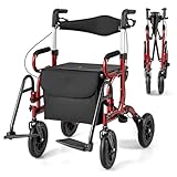 COSTWAY Rollator mit Luftbereifung, faltbar und leicht mit Sitz, 2 in 1 Rollstuhl & Reiserollator, Aluminium, bis 140 kg, Gehhilfe 6-fach höhenverstellbar, Gehwagen mit Tasche & Stockhalter (Rot)